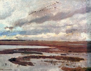 クレーン、牧草地からの風景 作： Jozef Marian Chemonski